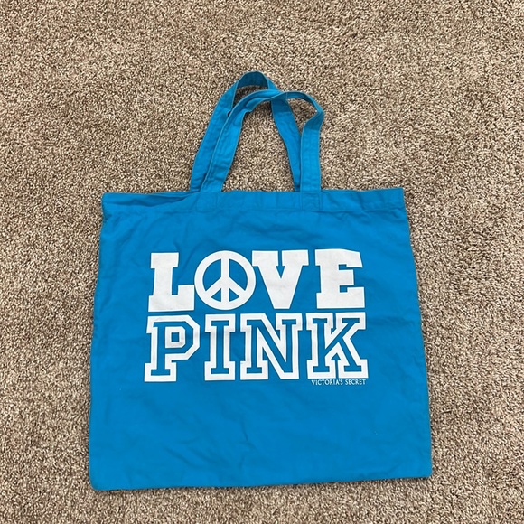 PINK Victoria Secret LOVE PINK Canvas Tote Beach Style Blue Shoulder Bag - Picture 12 of 13